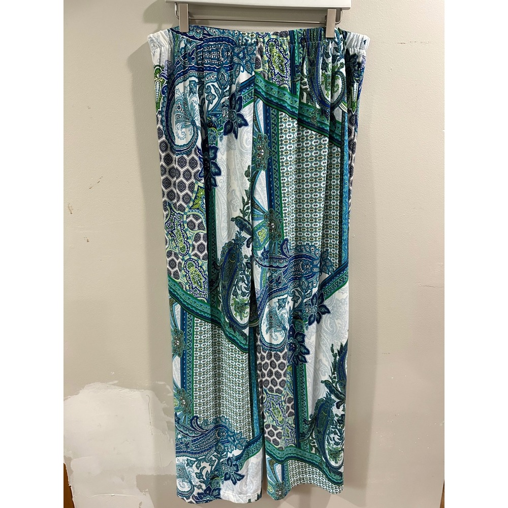 Chicos Blue Green Paisley Wide Leg Pull On Pants Size 2 XL Stretch Jersey Knit - Picture 2 of 6